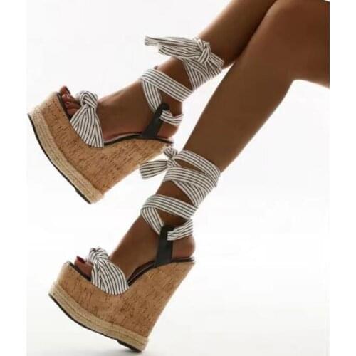 Fashion Girls Stripe Lace Up Platform Wedge Sandal Woman Super Heels Thick Sole Slingback Knot Front Straw Weaving Sandals Shoes