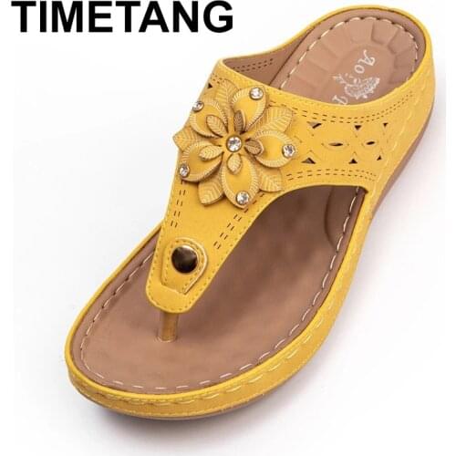 TIMETANG women wedges flip flop slipper square heel peep toe casual ladies beach slip on mules slides comfortable shoes flower