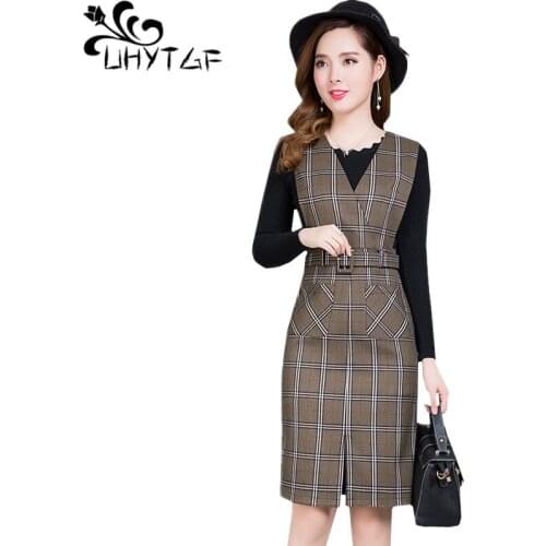 UHYTGF New spring vest dress Fashion plaid sleeveless dress female V-neck stitching slim bandage dress 3XL plus size dresses 138