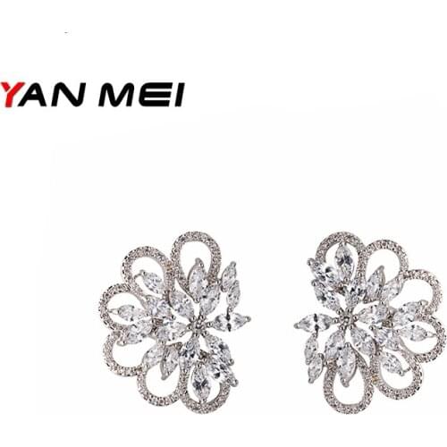 YAN MEI Women Fashion Horse Eye Cubic Zirconia Earrings Romantic Feather Stud Earrings Luxury Bridal Jewelry GLE6446