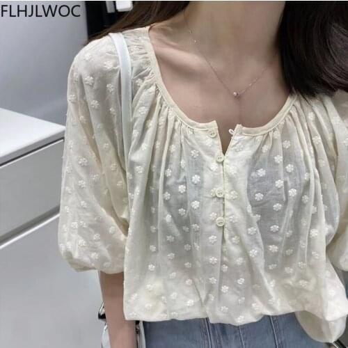 Embroidery Cute Chic Tops Hot Women Summer Korea Japan Style Design O Neck Sweet Girls Loose Shirts Blouses