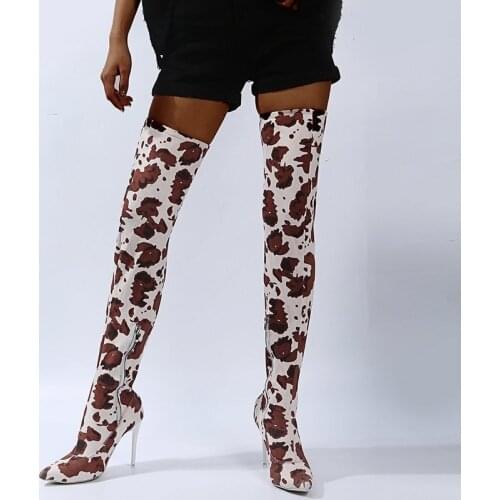 2021 Autumn And Winter Pointed Toe Stiletto Womens Boots Fashion Sexy Leopard Print Over The Knee High Heel Boots For Female