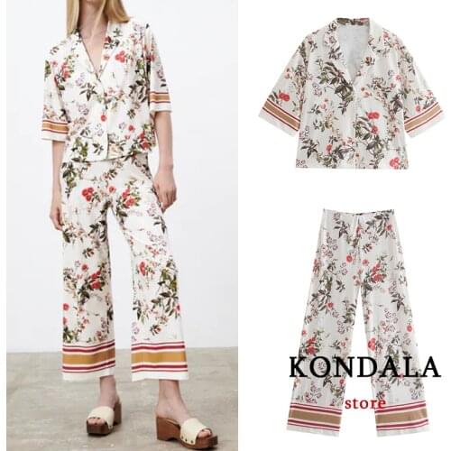 Women Holiday Floral Vintage Suits Za 2021 V Neck Short Sleeve Loose Women Shirts and High Waist Wide Leg Pants Women Sets