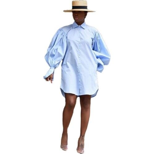 Women Shirt Dress 2021 Autumn Turn Down Neck Long Lantern Sleeve Dresses Plus Size Bohemain Vestidos Knee-Length Sundress