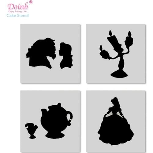 4PCS Cartoon Princess Candle Beast Tiramisu Stencil Pad Plastic Spray Flower Cake Mold Duster Cupcake Baking Strew Tool FQ4117