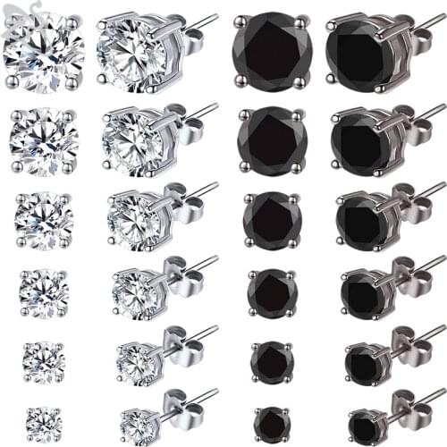 6pairs/Lot 3-8mm Stainless Steel Round Studs Earring Set 20g Black Zircon Ear Studs Classic Helix Cartilage Piercing