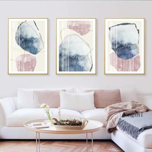 Abstract Blue Pink Color Block Nordic Poster Watercolor Canvas Painting and Prints Wall Art Pictures for Living Room Home Decor