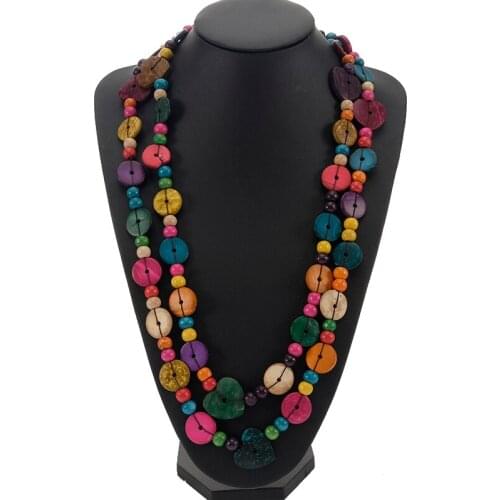 Bohemian Vintage Heart-Shaped Colorful Wooden Necklace Handmade Beaded Long Pendant Necklace For Women Gift