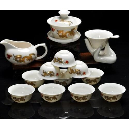 14 Pieces Kung Fu tea set,Chinese Pattern Include White Glazed Ceramic Porcelain Dragon 10pcs Tea Cups and Teapot
