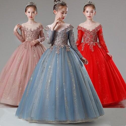 2020Girls Princess Kids Dresses for Girls Tutu Lace Flower Embroidered Ball Gown Baby Girls Clothes Children Wedding Party Dress