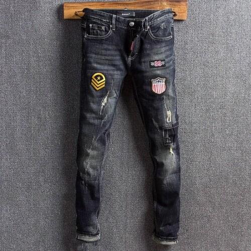 Streetwear Fashion Men Jeans High Quality Retro Black Blue Slim Fit Ripped Jeans Men Patches Designer Hip Hop Denim Punk Pants