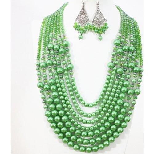 Green round shell simulated-pearl abacus crystal high grade 7 rows women charms fashion necklace earrings jewelry set B1307
