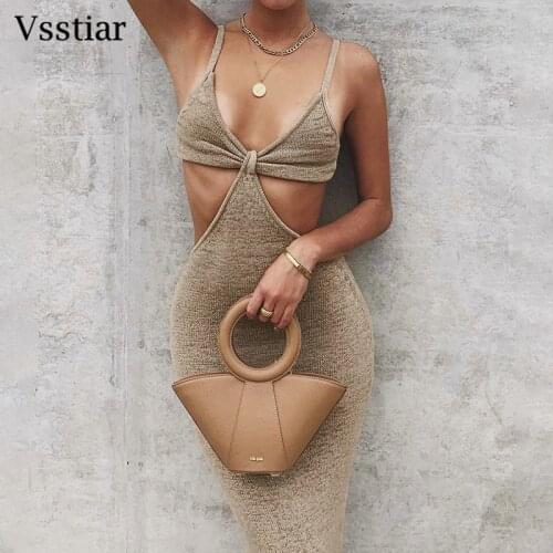 Vsstiar Summer Sleeveless Long Dress Women Backless Sexy Club Party Bodycon Vestidos New Knitted Hollow Out Maxi Dresses