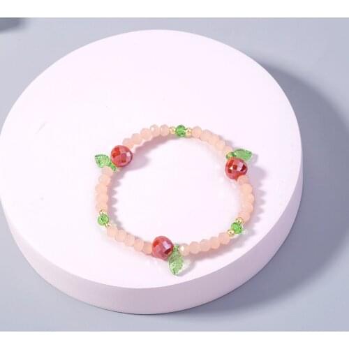 Summer Lovely Pink Glass Crystal Peach Fruit Acrylic Beads Bracelets for Women Handmade Rope Bracelet Bohemian Jewelry