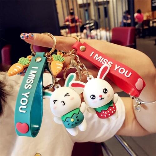 Ins Cartoon Rabbit Metal Keychain Red Strawberry Blue Yellow Green Pendant Bag Car Keyring Lanyard Men Women Couple Gift