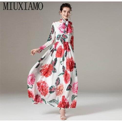 MIUXIMAO 2021 Spring Summer Newest Cute Red Flower Print O-Neck Elegant Full Sleeve Casual Maxi Dress Women Vestidos Scarf