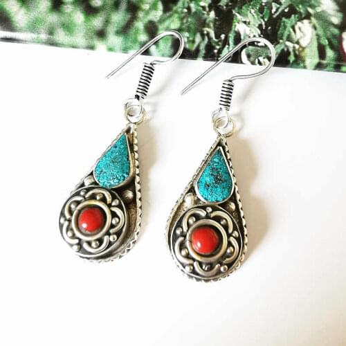 Lovely Vintage Earrings for Lady Copper Inlay Colorful Stone Water Drop Earring E068