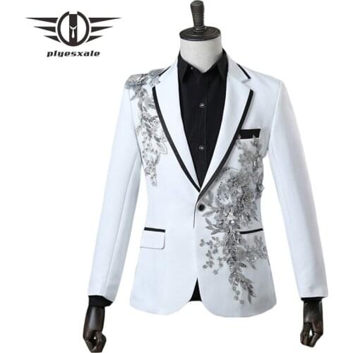 Plyesxale Mens Sequin Crystal Embroidery Blazers Black Red Royal Blue White Blazer Men Nightclub Stage Party Prom Blazers Q291