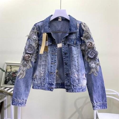 2021 New Autumn Womens Denim Jacket Women Hand-studded bead Embroidery Three-dimensional Flower Jeans Jacket Female Outerwear