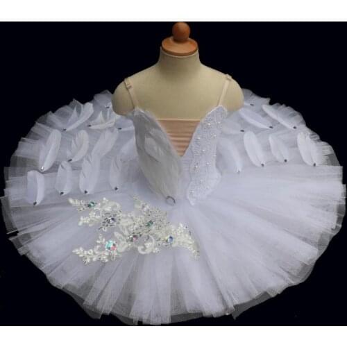 New White Sequined Ballet Dress Feather Fluffy Ballet Tutu Professional Child Kids Girls Adult Pancake Swan Lake Dance Costumes