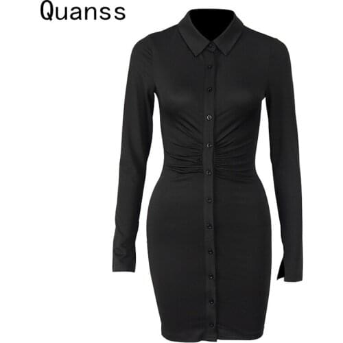 Quanss Autumn Winter Clothes New Womens Fashion Long Sleeve Solid Shirt Dress Elegant Bodycon Club Casual Short Dresses