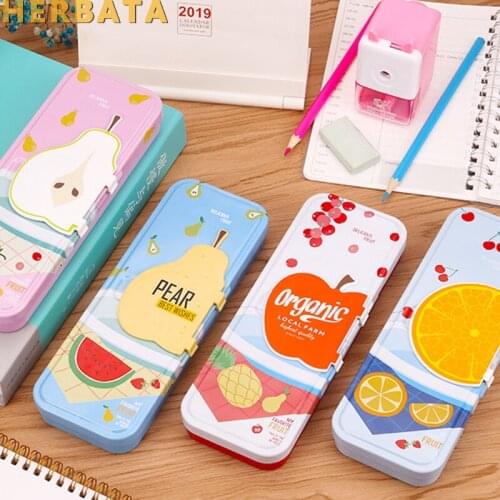 New Arrival fruit pencil case with mirror cute double layer iron pencil case student stationery supplies estojo escolar CL-19183