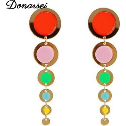 Donarsei 2021 New Fashion Colorful Rainbow Long Acrylic Earrings For Women Hit Color Drop Dangling Earrings Statement Jewelry