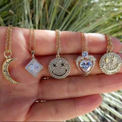 2021 New Trend 18K Gold Plated Pave Stone Smiling Heart Square Necklace For Women Girls Friendship Zircon Stone Necklace