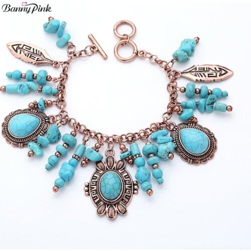 Banny Pink Bohemia Turquoises Charms Bracelet Bangle For Women Ethnic Stone Statement Toggle Bracelet Chain Wristband Pulseras