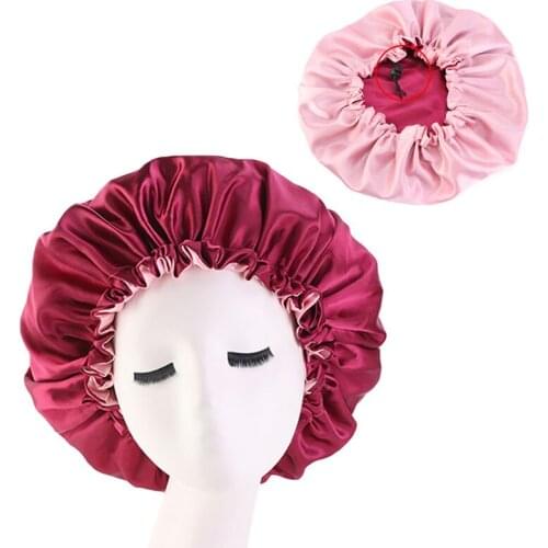 New Reversible Satin Bonnet Double Layer Adjustable Size Sleep Night Cap Head Cover Bonnet Hat for For Curly Springy Hair Black