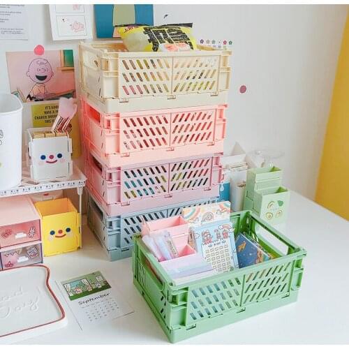 Collapsible Plastic Storage Box Organizer Desk Folding Small Storage Basket Stationery Cosmetic Stackable Storage Box Decorative