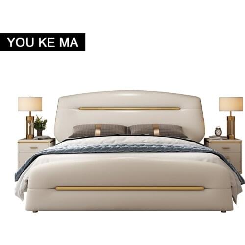 Post-modern light luxury leathersimple bedroom double1.8Beige stainless steel gold-plated small apartment leather marriage bed