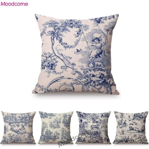 Navy Blue Ink Print Motif of Toile de Jouy Classic French Pattern Home Decorative Throw Pillow Case Linen Car Sofa Cushion Cover