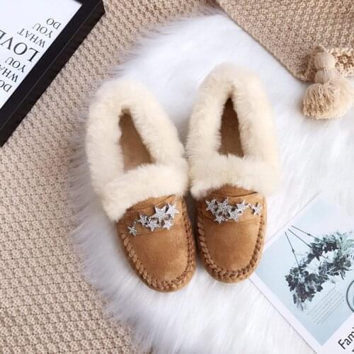 2020 shoes ladies 100% genuine leather loafers star decoration ladies winter fur winter warm classic flat shoes