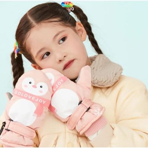 Kids Boy Girl Cartoon Penguin Waterproof Gloves Double Layer Ribbed Cuff Adjustable Anti-Slip Winter Ski Windproof Mittens 7-12T