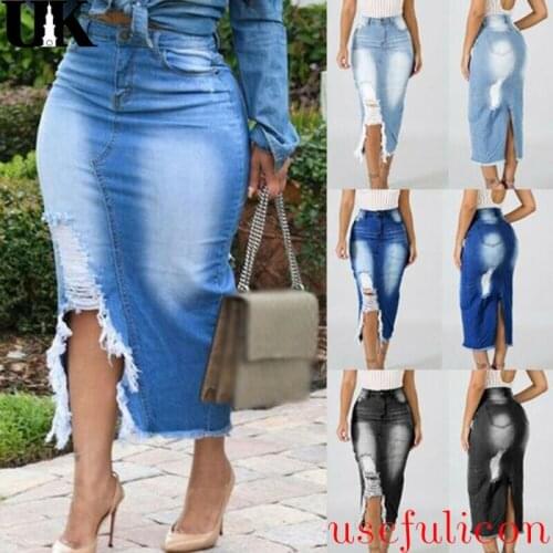 Women Distressed Denim Jean Midi High Waisted Bodycon Pencil Side Split Skirt UK
