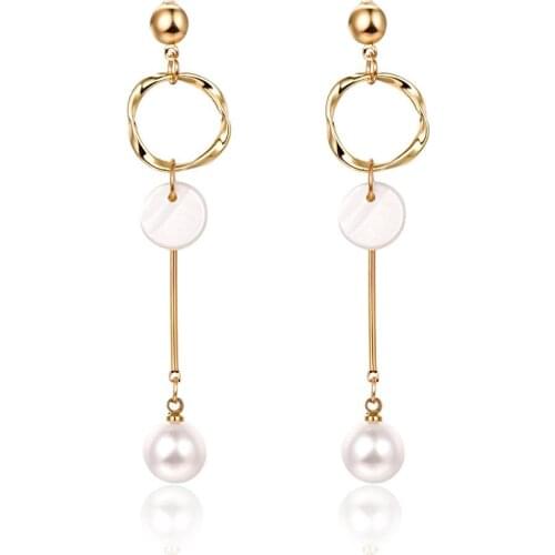 HC 2020 Korean Cute Simulated Pearl Shell Earrings Round Metal Long Drop Earrings Sweety Jewelry Women Wedding Pendientes Gift W
