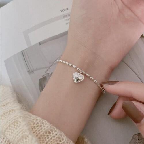 SMTCAT 925 Sterling Silver Bead Chain Bracelet for Women New Fashion Simple LOVE Heart Pendant Birthday Party Jewelry Gifts