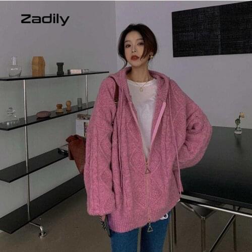 Zadily 2021 Winter Knit Zipper Womens Hooded Sweater Korean Style Pink Long Sleeve Cardigan Coat Autumn Female Outwear Clothing