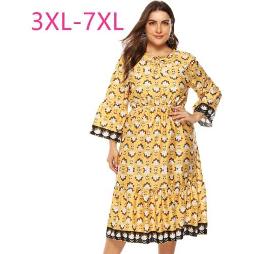 2021 spring autumn plus size long dress for women large loose casual long sleeve floral O neck dresses yellow 4XL 5XL 6XL 7XL