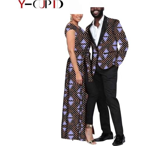 African Clothes for Couples Sexy Women Ankara Print Long Dress Vestidos Matching Outfit Bazin Men Blazer Suit Coats YS20C018