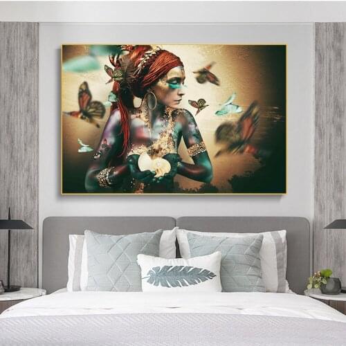 African Woman with Butterfly Canvas Paintings On the Wall Art Posters And Prints Black Makeup Woman Art Pictures Home Wall Decor