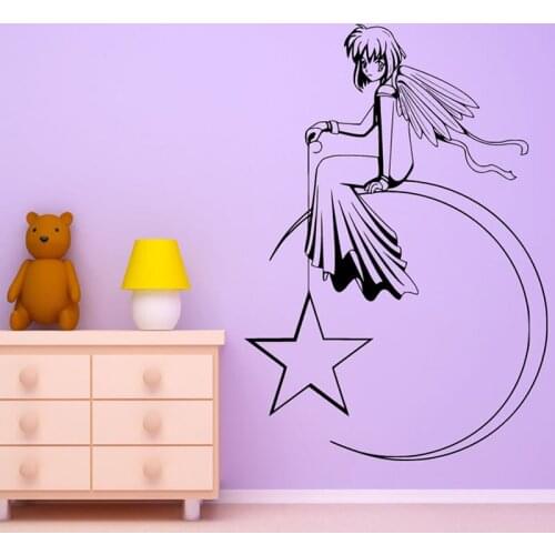 Anime Angel With Star Sitting On The Moon Wall Sticker Girls Bedroom Vinyl Removable Home Decor