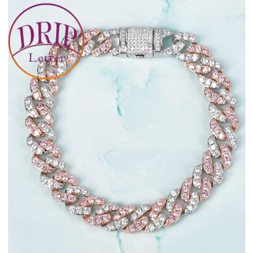 10mm Pink Miami Cuban Link Bracelet For Women AAAA Zircon Charm Hip Hop Chain Jewelry