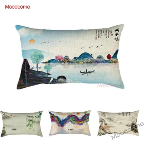 Chinese Poem Scene Traditional Ink Painting Mountain River Boat Sunrise Rectangle Waist Pillow Cover Linen Sofa Cushion Cover