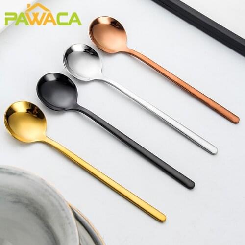 4pcs/set Stainless Steel Long Handle Round Coffee Tea Spoon Ice Cream Dessert Hot Drinking Stirring Spoon Teaspoon Kitchen Bar
