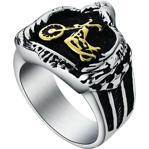 Valily Jewelry Mens Motorcycle Biker Ring Stainless Steel Eagle Embracing Gold Motorbike Chopper Punk Ring Jewelry for Men