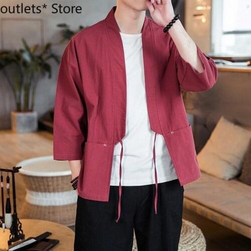 Mens Cardigan Harajuku Pure Color Cotton Mens Coat Jacket Chinese Style Retro Japanese Summer Kimono Hao Weaving