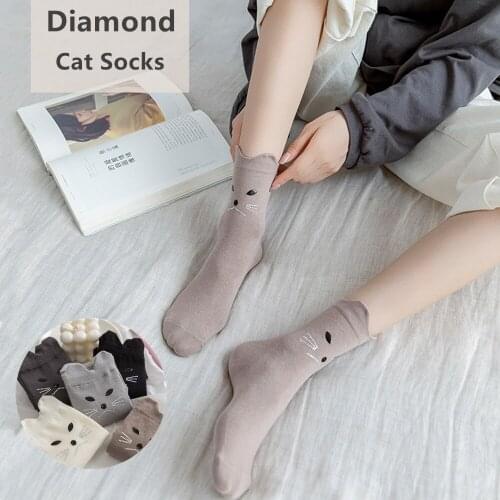 Kawaii Diamond Cat Socks Women Girls Cotton Harajuku Street Cute Cartoon calcetines de la mujer kobieta skarpety meia chaussette