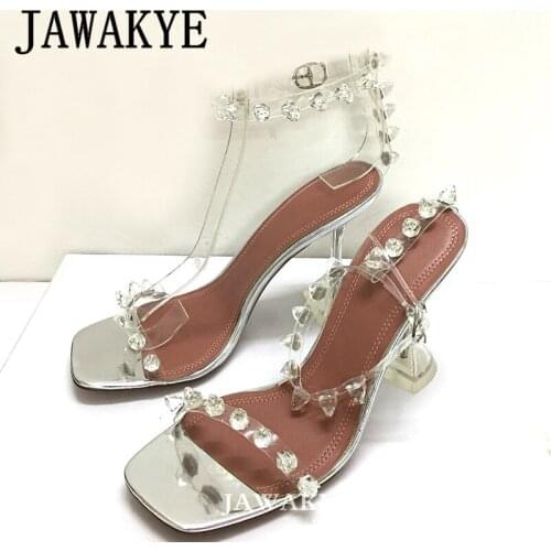 Clear Studded Party Sandals Sexy Women Shoes Transparent PVC Strange Heel Summer Shoes Designer Crystal Rivets Women Sandals